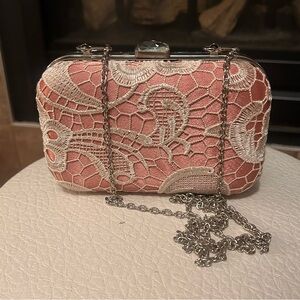 Elegant Pink Lace Stain Type Mini Clutch With 2 Removable Chain Straps